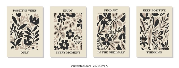 Set of 4 botanical Matisse inspired wall art posters, brochure, flyer templates, contemporary collage. Organic shapes, line floral pattern with positive motivational, inspirational quotes.