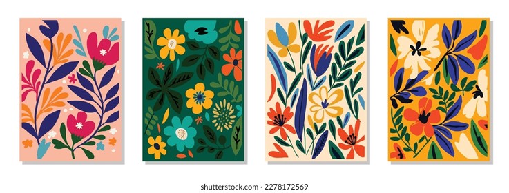 Set of 4 botanical Matisse inspired wall art posters, brochure, flyer templates, covers, contemporary collage. Organic shapes, summer bright line abstract floral pattern, hippie style, naive groovy 