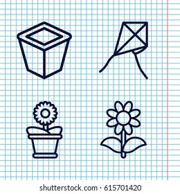 Set of 4 botany outline icons such as pot for plants, flower pot, flower