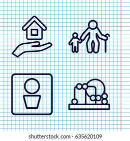 Set of 4 boy outline icons such as man wc, baby toy, house insurance