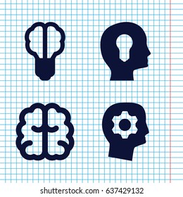 Set of 4 brain filled icons such as brain, head with keyhole, gear in head