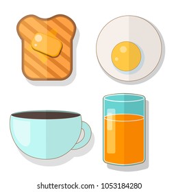 Set of 4 breakfast objects icons - toast with butter, omelette, cup of coffee and glass of juice. Vector flat illustration. Restaraunt or kitchen picture of the morning meal with nice bright colors