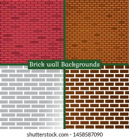 Set of 4 brick wall backgrounds in different colors. Orange repeating bricks tiles backdrop.