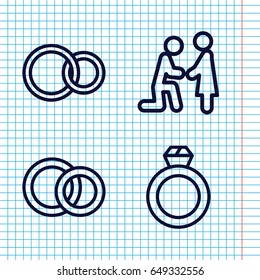 Set of 4 bride outline icons such as rings, engagement rings, ring