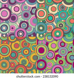 set of 4 bright color psychedelic circles pattern, pop art background, vivid colors endless texture, ornate hipster style backdrop, editable, vector eps 8 