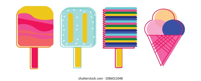 set of 4 bright colorful popsicles flat style summer logo concept