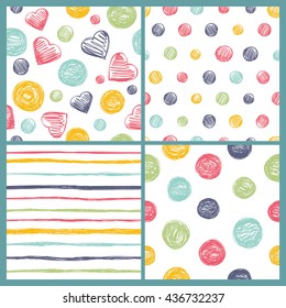 Set of 4 bright doodle seamless patterns. Modern stylish texture. Cute and colorful background for your design.