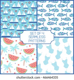 Set of 4 bright marine seamless patterns. Collection of travel backgrounds. Summer tropical vacation, cruise fun illustrations. Ships, palms, watermelons, swimsuits, sea creatures. 