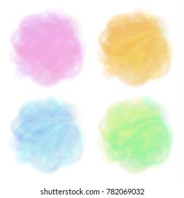 Set of 4 bright spots. Pseudo watercolor stains. Round elements with paint texture. Colorful art shapes. It can be used as background for text. Vector illustration, eps10