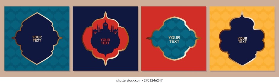 Um conjunto de 4 modelos vetoriais brilhantes. Quadros de arco em estilo árabe islâmico com borda dourada. Fundos geométricos. Perfeito para o Eid, Ramadã e mídias sociais.