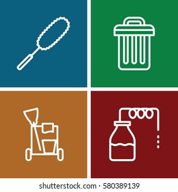 Set of 4 bucket outline icons such as canister, cleaning tools, dust brush
