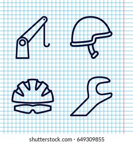 Set of 4 build outline icons such as cargo crane, helmet