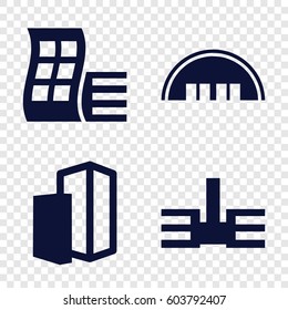 Set of 4 building filled icons such as modern curved building, barn