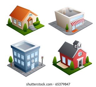 Set of 4 building illustrations - House, Store, Office, School