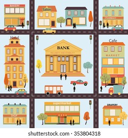 Set 4 building small business flat design infographic Seamless pattern Architecture town market salon pharmacy bakery supermarket Illustration Vector cartoon background street city urban bus car road