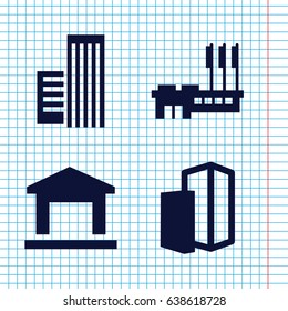 Set of 4 buildings filled icons such as