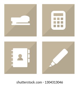 Set of 4 bureau icons set. Collection of staple, calculator, address and other elements.