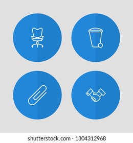Set of 4 bureau icons line style set. Collection of office chair, trash can, clip and other elements.