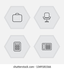 Set of 4 bureau icons line style set. Collection of armchair, phone, case and other elements.