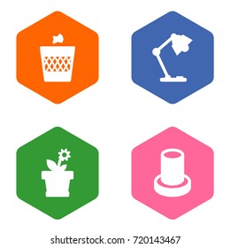 Set Of 4 Bureau Icons Set.Collection Of Flower, Illuminator, Urn And Other Elements.