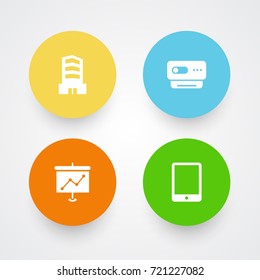 Set Of 4 Bureau Icons Set.Collection Of Palmtop, Videoconference, Metropolis And Other Elements.