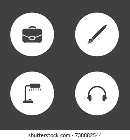 Set Of 4 Bureau Icons Set.Collection Of Table Lighter, Pen, Earmuff And Other Elements.
