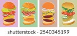 Set of 4 Burgers illustrations - Vector based. Mix and Match the ingredients.