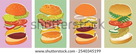 Set of 4 Burgers illustrations - Vector based. Mix and Match the ingredients.