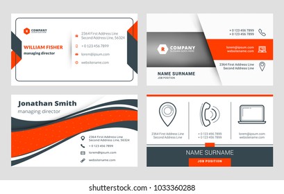 Set of 4 business card templates. Flat design vector illustration. Stationery design. Red and black color theme