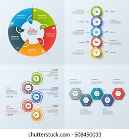 Set of 4 business infographic template with 5 steps, processes, parts, options. Vector illustration