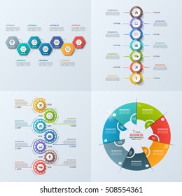 Set of 4 business infographic template with 7 steps, processes, parts, options. Vector illustration