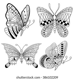 Set of 4 butterfly coloring page in Zentangle style
