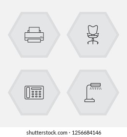 Set of 4 cabinet icons line style set. Collection of office chair, printer, table illuminator and other elements.