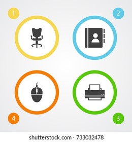 Set Of 4 Cabinet Icons Set.Collection Of Address Book, Printer, Office Chair And Other Elements.