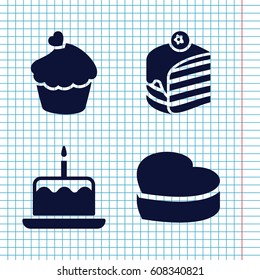 Set of 4 cake filled icons such as cake with one candle