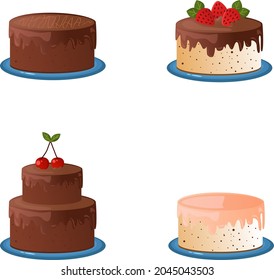 Set of 4 cakes. Vector illustration of sweets. Chocolate cakes, two-tiered, with white icing, with strawberries and cherries