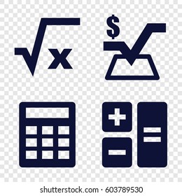 Set of 4 calculate filled icons such as mathematical square, square root