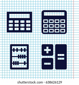 Set of 4 calculate filled icons such as calculator, abacus