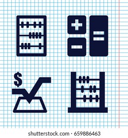 Set of 4 calculation filled icons such as mathematical square, abacus