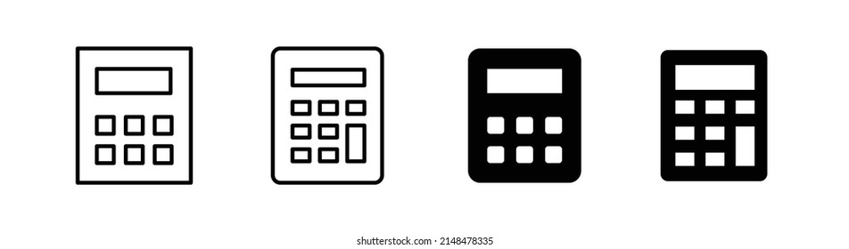 Set of 4 calculator icon, outlined editable stroke and flat glyph style, clipart design template
