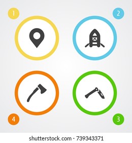 Set Of 4 Camping Icons Set.Collection Of Inflatable Raft, Wood Axe, Jackknife And Other Elements.