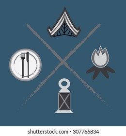 Set of 4 Camping items such as lamp, tent, fire, dishes/Camping items/Camping set