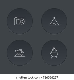 Set Of 4 Camping Outline Icons Set.Collection Of Shelter, Mountains, Grill And Other Elements.