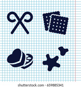 Set of 4 candy filled icons such as cookies, sweet box, candy cane