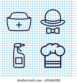 Set of 4 cap outline icons such as cleanser, nurse hat, chef hat