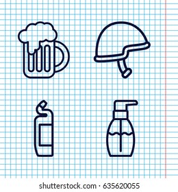 Set of 4 cap outline icons such as bottle soap, cleanser, helmet
