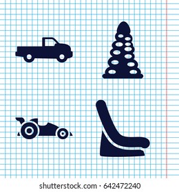 Set of 4 car filled icons such as car, tunnel