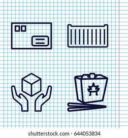 Set of 4 cardboard outline icons such as chinese fast food, cargo box, handle with care