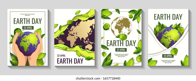 Set of 4 cards for Earth Day, World Environment Day with globe and fresh green leaves. Ecology, environment safety concept. A4 Vector illustrations for posters, banners, cards, covers, flyers.