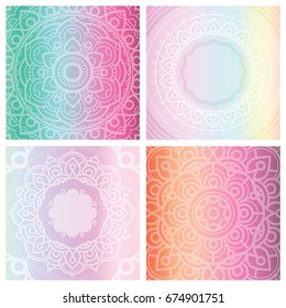 Set of 4 cards with floral mandala on tender gradient background. Bohemian ornament for posters or banners.